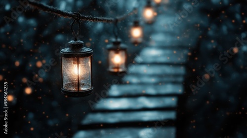 A row of glowing lanterns lights up a dark pathway through an enchanted forest, evoking a magical and inviting ambiance under the twilight sky. photo