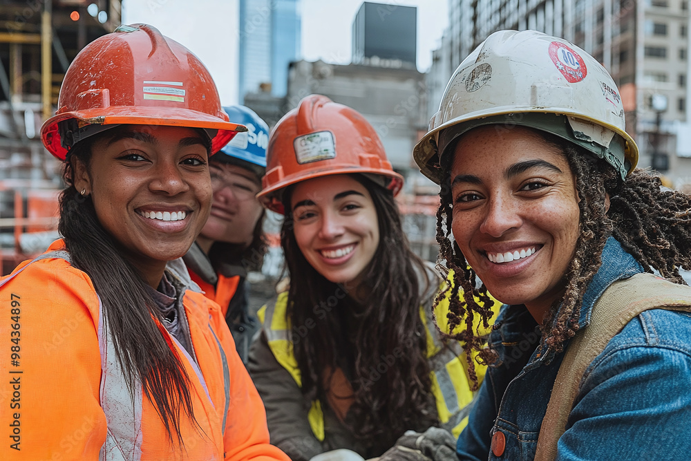 Smiling portrait of a diverse happy female group of women working construction on a construction site Smiling portrait of a diverse happy female group of women working construction on a construction site