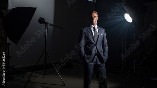 A man sharply dressed in a suit stands confidently in a professional studio setting with dramatic lighting, emanating power and sophistication.