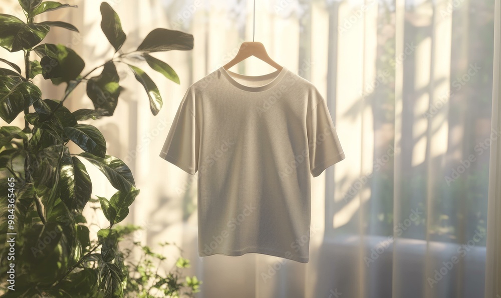 White t-shirt hanging near window with plant. White t-shirt hanging near window with plant.
