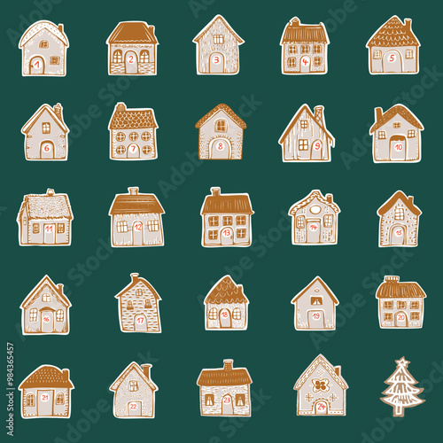 Whimsical Advent Calendar cottage door set with 1- 24 numbers for december festive Christmas countdown . Winter holiday social media promotion campaign motif collection.