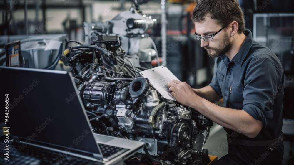 A mechanic works diligently on a laptop, surrounded by engine parts, conveying a blend of technical precision and hands-on craftsmanship. A mechanic works diligently on a laptop, surrounded by engine parts, conveying a blend of technical precision and hands-on craftsmanship.
