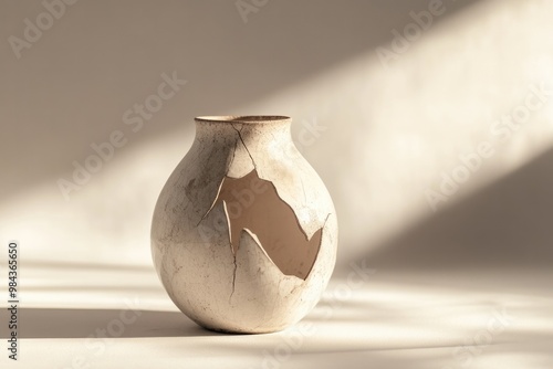 Broken ceramic jar on plain background.