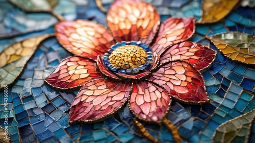 Vibrant mosaic featuring a detailed flower design, combining colorful tiles to create an artistic and captivating floral arrangement. © NUTTAWAT