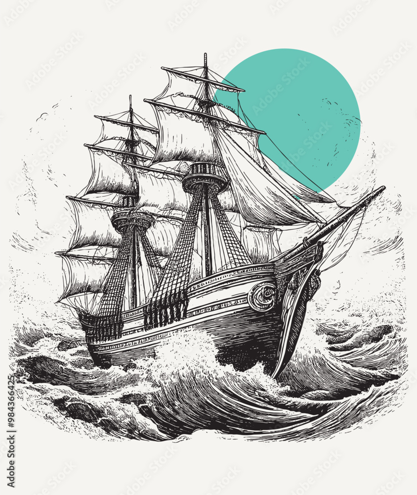 Vintage engraving of an old wooden ship fighting heavy waves in the ocean