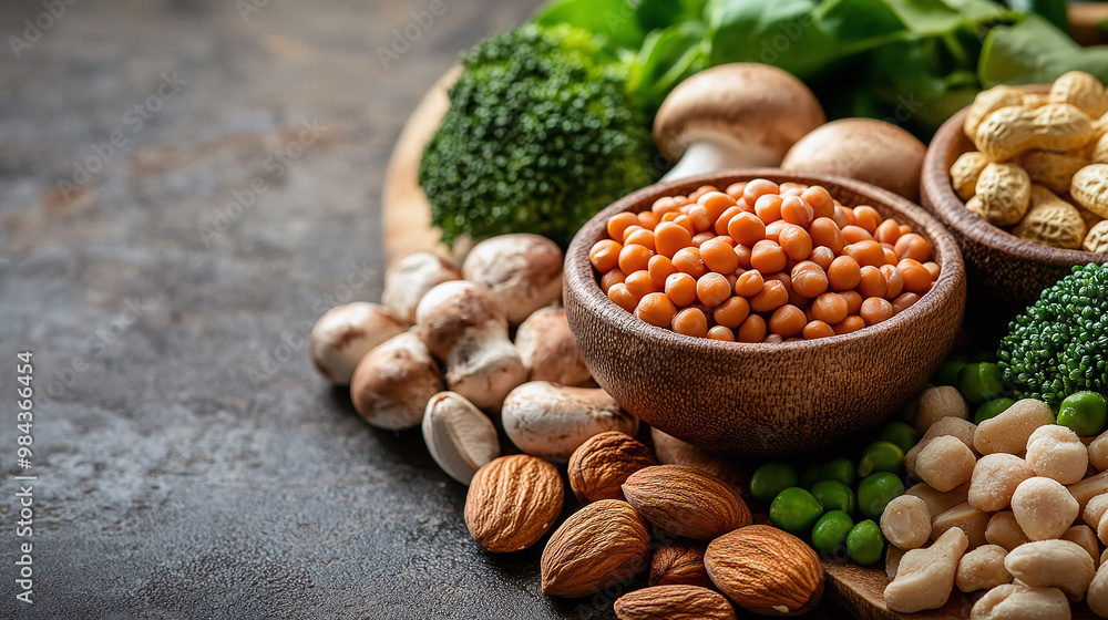 Naklejka premium Nutritious foods high in vitamin B3 niacin featuring the molecular structure of niacin Top sources of vitamin B3 include seeds nuts meat legumes mushrooms and peanuts
