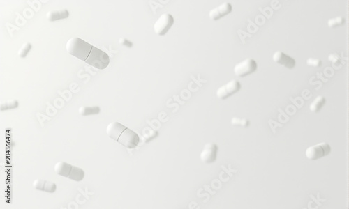 Excessive medication concept with numerous white pills floating in space, drug overuse representation, unbranded medication abundance, health care issues visual photo