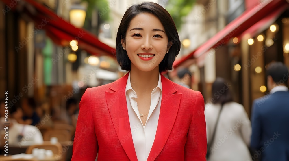 A confident woman in a bright red blazer smiles, standing in a lively outdoor café setting, surrounded by vibrant greenery and charming architecture. A confident woman in a bright red blazer smiles, standing in a lively outdoor café setting, surrounded by vibrant greenery and charming architecture.