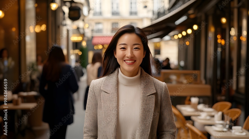 A smiling woman in a stylish outfit stands in a charming street lined with cafes, embodying a warm and inviting atmosphere. A smiling woman in a stylish outfit stands in a charming street lined with cafes, embodying a warm and inviting atmosphere.