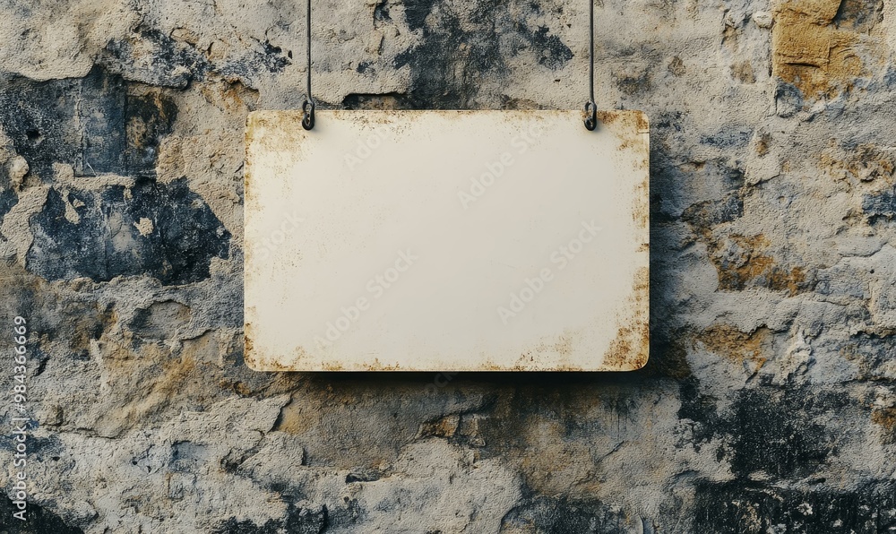 Blank sign hanging on a weathered wall. Blank sign hanging on a weathered wall.