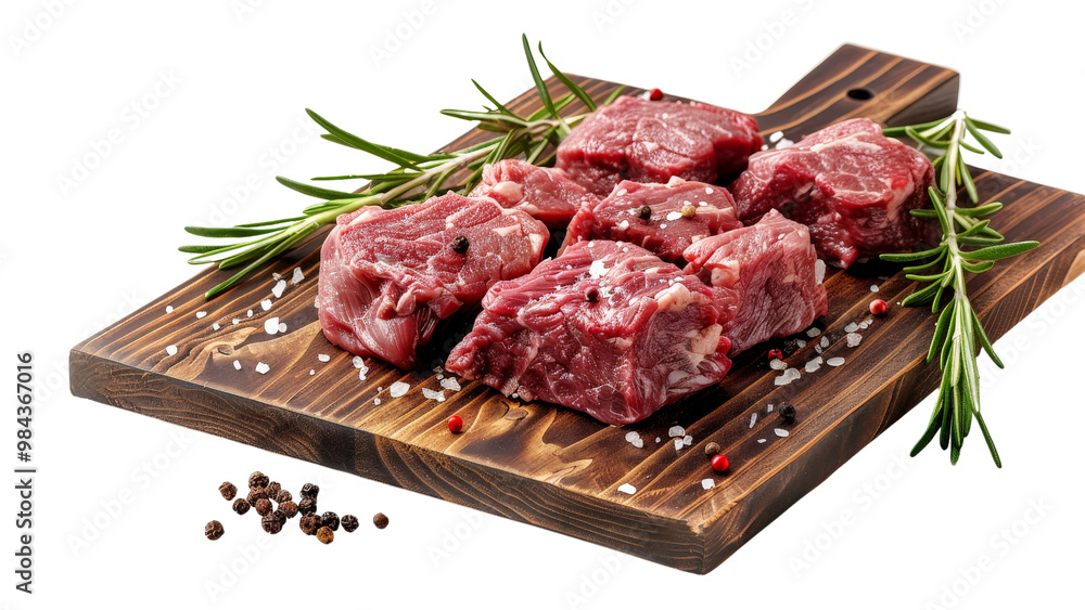 Fresh raw meat, including slices and cuts, with rosemary and pepper on a wooden board, isolated against a white background, showcasing the rich texture and ingredients Fresh raw meat, including slices and cuts, with rosemary and pepper on a wooden board, isolated against a white background, showcasing the rich texture and ingredients