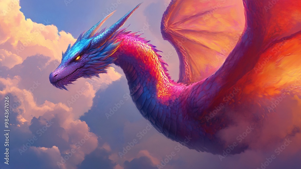 A rainbow-colored dragon soaring through the clouds, symbolizing mythical creatures born from the imagination. A rainbow-colored dragon soaring through the clouds, symbolizing mythical creatures born from the imagination.