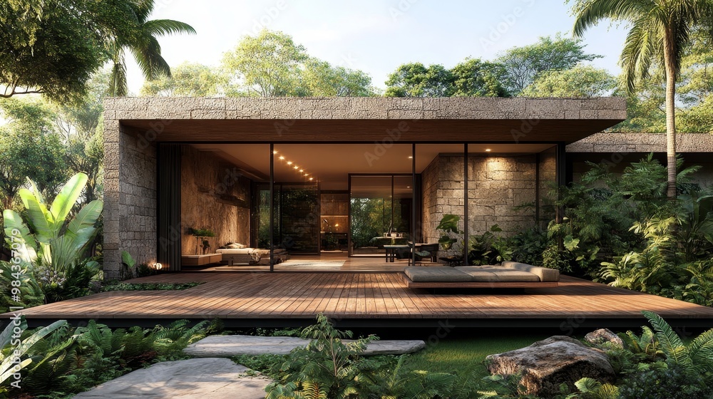 Smooth stone-clad cube home with an expansive wooden deck for socializing, modern architecture surrounded by lush greenery Smooth stone-clad cube home with an expansive wooden deck for socializing, modern architecture surrounded by lush greenery