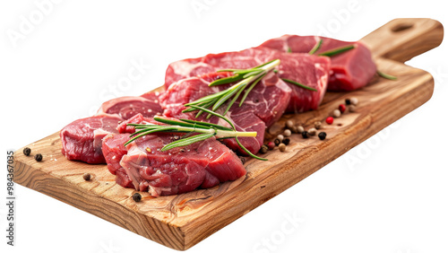 Fresh raw meat slices and cuts with rosemary and pepper arranged on a wooden board, isolated against a white background, focusing on the freshness and visual appeal