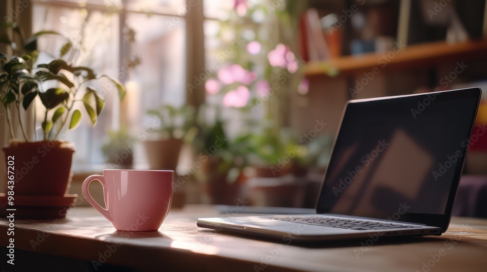 A photorealistic image of a coffee cup placed next to a laptop on a desk, capturing the busy atmosphere of a work-from-home setup. A photorealistic image of a coffee cup placed next to a laptop on a desk, capturing the busy atmosphere of a work-from-home setup.