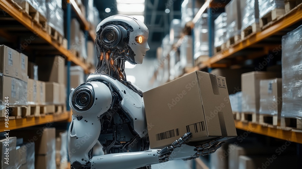 Fototapeta premium Humanoid robot working in a futuristic warehouse carrying boxes