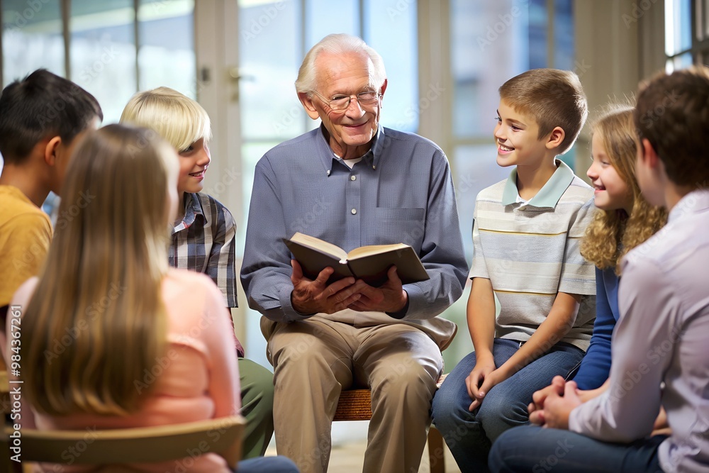 Realistic view of an elderly man sharing his faith story with a youth group high-definition clarity Realistic view of an elderly man sharing his faith story with a youth group high-definition clarity