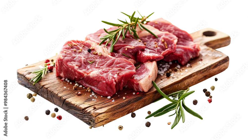Fresh raw meat slices and cuts with rosemary and pepper on a wooden board, isolated on a white background, showcasing the texture and freshness of the meat Fresh raw meat slices and cuts with rosemary and pepper on a wooden board, isolated on a white background, showcasing the texture and freshness of the meat