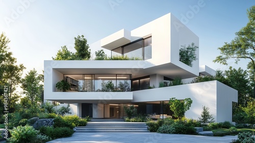 Stacked cube homes with open terraces and greenery, modern architecture, clean lines, minimalist, daylight, digital 3D render, white and gray tones, sustainable design