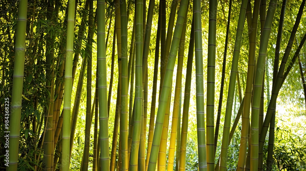 A dense grove of green bamboo stalks bathed in sunlight, creating a textured, natural backdrop. A dense grove of green bamboo stalks bathed in sunlight, creating a textured, natural backdrop.