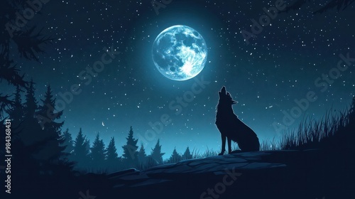 A realistic illustration of a howling wolf under a full moon, set against a dark, starry night sky.