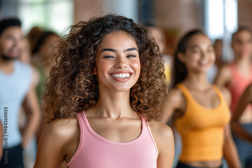 A joyful young woman smiles during a fitness class, surrounded by an energetic group, embodying positivity and health. A joyful young woman smiles during a fitness class, surrounded by an energetic group, embodying positivity and health.
