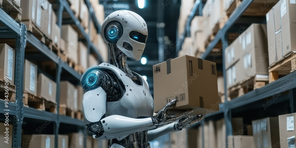 Humanoid robot working in a futuristic warehouse carrying boxes Humanoid robot working in a futuristic warehouse carrying boxes