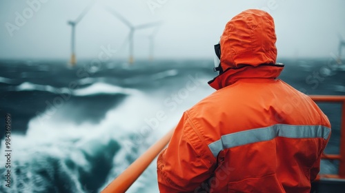 A person in an orange raincoat stands on a boat in rough seas observing offshore wind turbines, illustrating the connection between human endeavor and renewable energy. photo