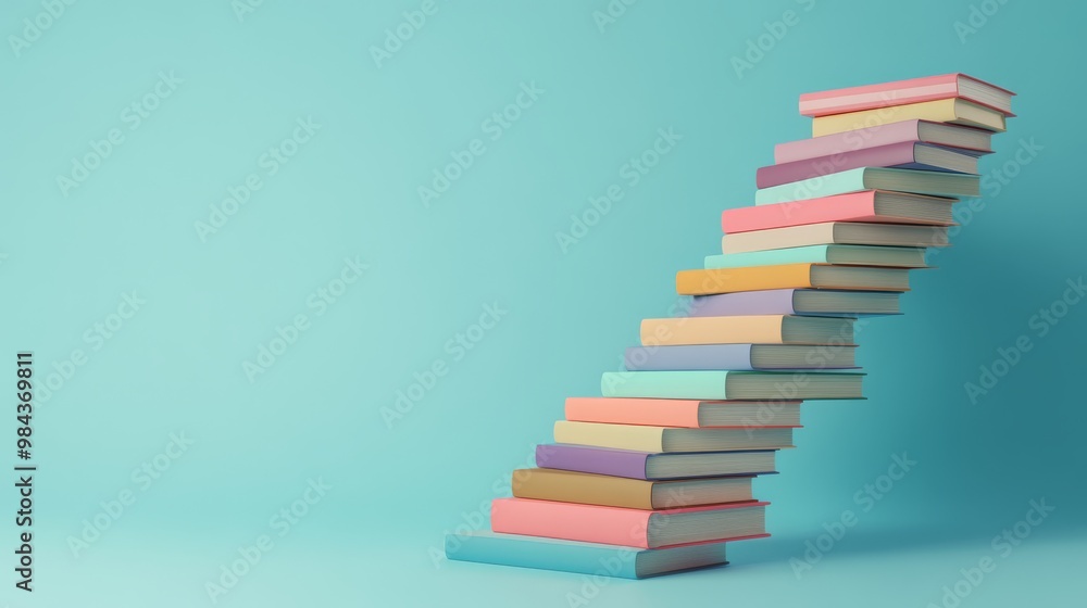 A vibrant stack of colorful books arranged in a curve against a soothing blue backdrop symbolizes dynamic progression and the limitless potential of creativity in learning and education A vibrant stack of colorful books arranged in a curve against a soothing blue backdrop symbolizes dynamic progression and the limitless potential of creativity in learning and education