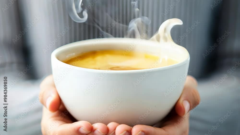 Person Holding Steaming Bowl of Soup in Both Hands, Close-Up View, Cozy Winter Comfort Food, Warm and Nourishing, Selective Focus on Hands and Bowl, Grey Background, Calm and Relaxing Atmosphere Person Holding Steaming Bowl of Soup in Both Hands, Close-Up View, Cozy Winter Comfort Food, Warm and Nourishing, Selective Focus on Hands and Bowl, Grey Background, Calm and Relaxing Atmosphere