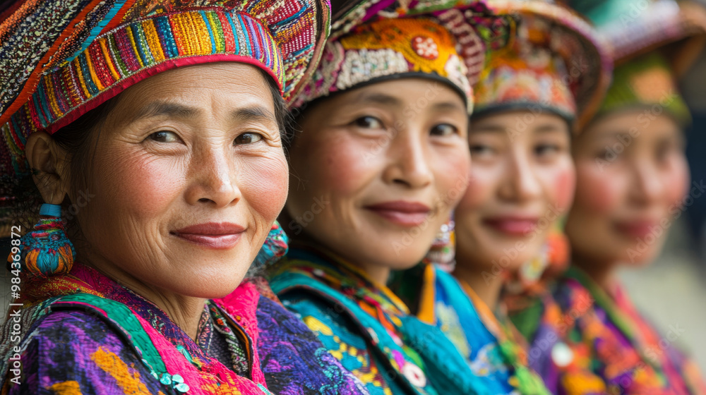 Portrait of ethnic minority women in northern Vietnam wearing traditional, colorful clothing and intricate handmade accessories Portrait of ethnic minority women in northern Vietnam wearing traditional, colorful clothing and intricate handmade accessories