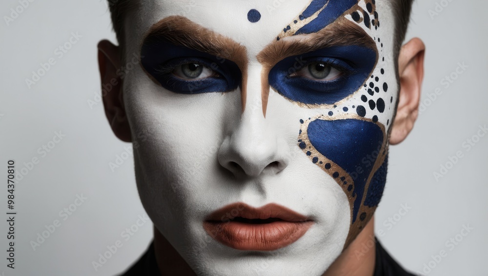 Elaborate Artistic Makeup on Male Model with Intricate Patterns and Bold Colors