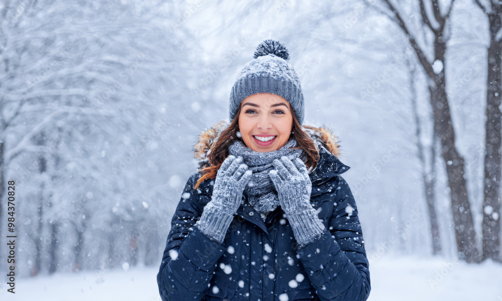 Excited young woman in winter clothing, standing in snowy landscape, expressing joy, welcoming winter arrival, hands near face, happiness in snowfall Excited young woman in winter clothing, standing in snowy landscape, expressing joy, welcoming winter arrival, hands near face, happiness in snowfall