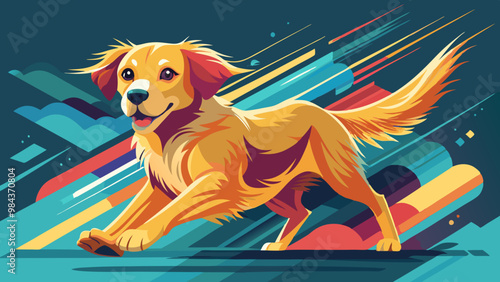 Golden retriever dog running illustration vector in abstract mixed grunge colors digital painting in minimal graphic art style. Very cute small dog. 