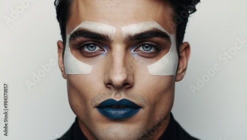 Artistic Portrait Featuring Bold Blue-Green Lips and White Face Paint