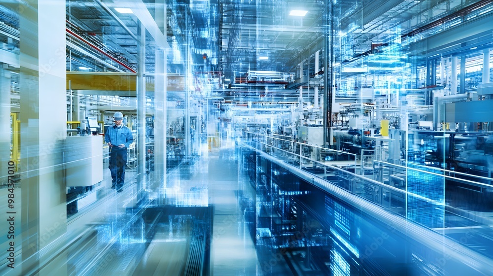 A factory with a man standing in the foreground. The image is blurry and has a futuristic feel to it A factory with a man standing in the foreground. The image is blurry and has a futuristic feel to it