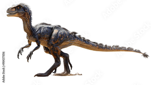 Isolated Austroraptor dinosaur on a white background, focusing on its feathered body, sharp claws, and distinctive build, creating a lifelike representation photo