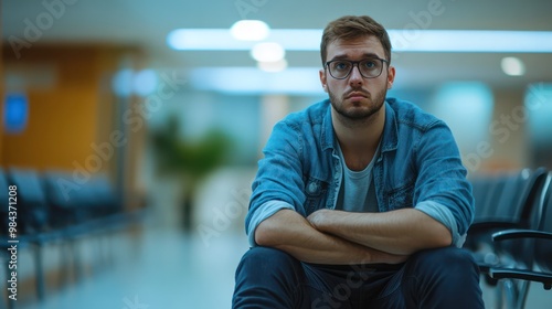 A sad man in a hospital waiting room, sitting in silence, anxiously waiting for news, filled with uncertainty