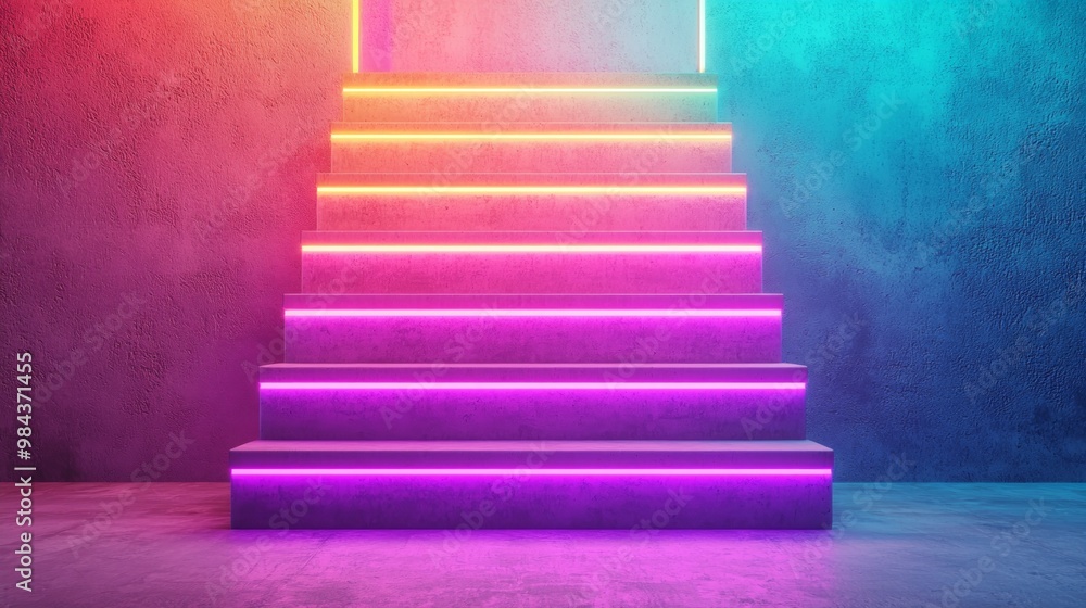 Obraz premium A staircase made of light, each step glowing a different color, leading into an endless void, representing personal growth, ambition, and the unknown.