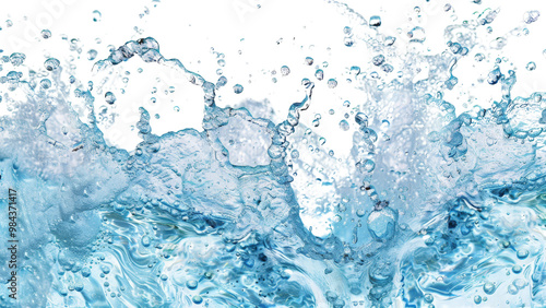 Isolated blue water with swirling patterns and tiny bubbles against a white background, capturing the fluid motion and sparkling effect of the bubbles