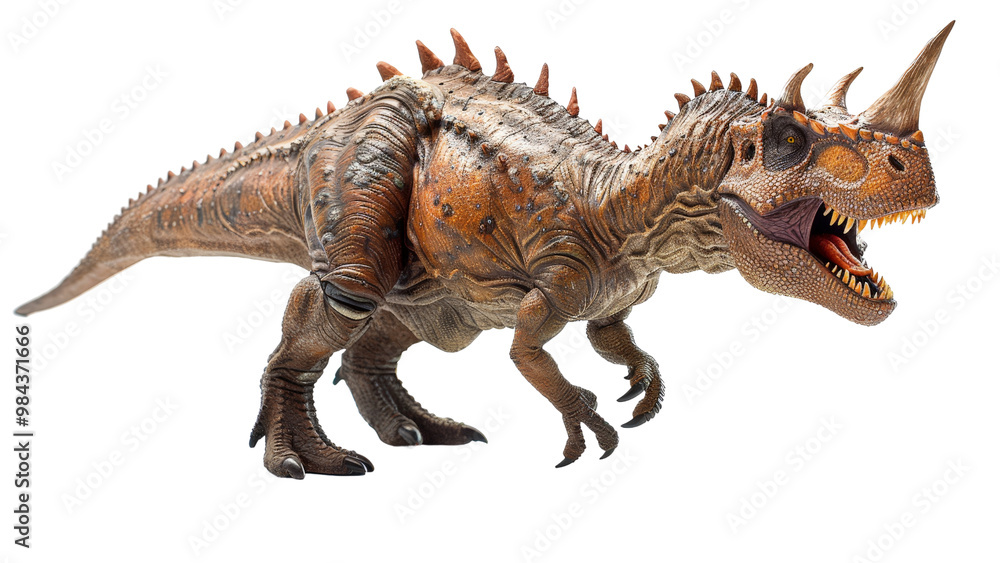 Isolated Carnotaurus figure with a white background, emphasizing its menacing appearance, horns, and detailed skin textures