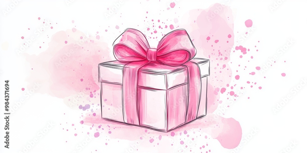This stunning line art illustration shows a wrapped gift box with an elegant bow, enhanced by vibrant pink watercolor splashes, ideal for creative projects celebrating joy and celebration This stunning line art illustration shows a wrapped gift box with an elegant bow, enhanced by vibrant pink watercolor splashes, ideal for creative projects celebrating joy and celebration