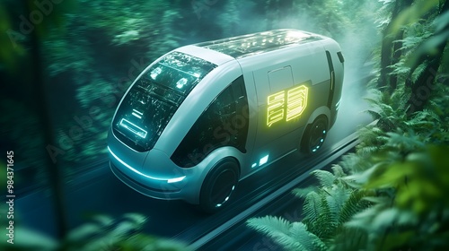 Futuristic Hybrid Electric Delivery Van Speeding Through Lush Urban Forest with Ambiance photo