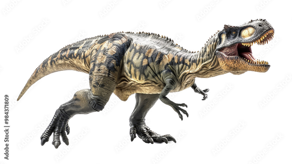 Obraz premium Isolated Giganotosaurus dinosaur figure on a white backdrop, emphasizing its intimidating stance, powerful build, and aggressive appearance
