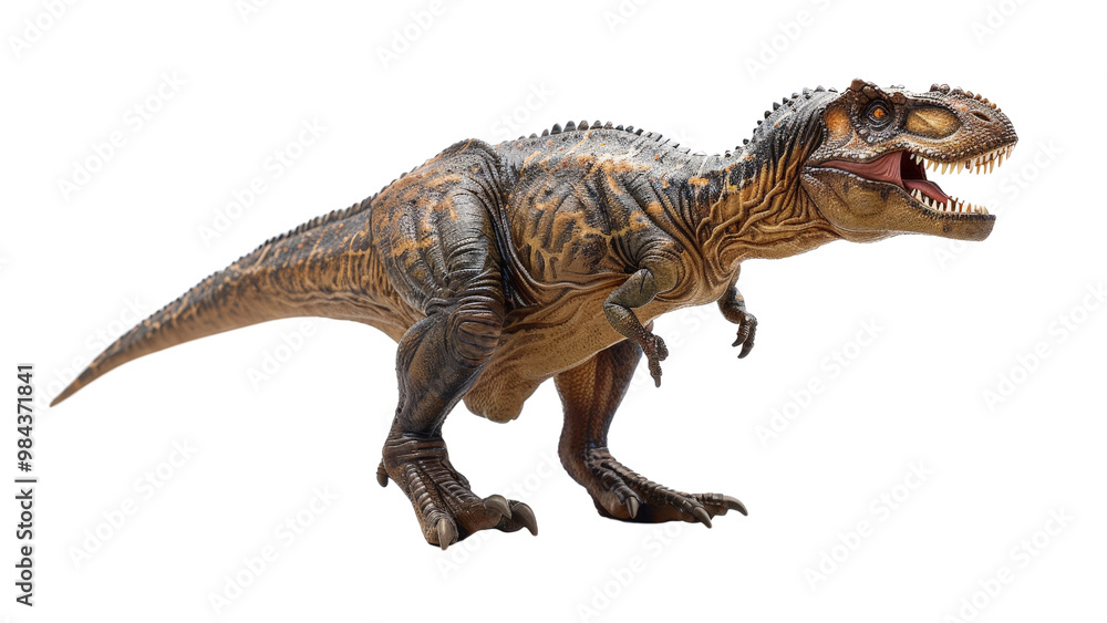 Obraz premium Isolated Giganotosaurus dinosaur figure on a white backdrop, emphasizing its intimidating stance, powerful build, and aggressive appearance