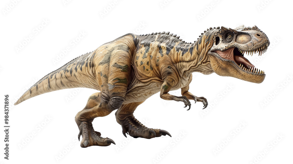 Obraz premium Isolated Giganotosaurus model on a white background, highlighting its intimidating posture, large claws, and robust physical traits