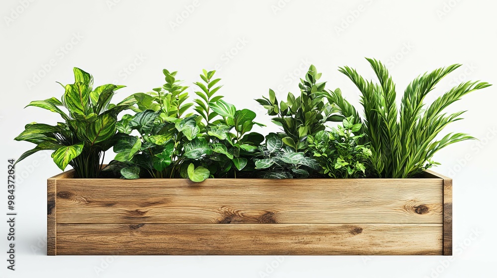 Wooden Planter Box with Assortment of Lush Green Plants Wooden Planter Box with Assortment of Lush Green Plants