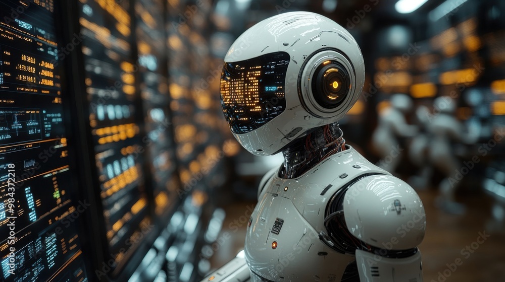 Illustration of a virtual robot in a stock trading area controlled by a robot under modern technology system. Technology of the future. Illustration of a virtual robot in a stock trading area controlled by a robot under modern technology system. Technology of the future.
