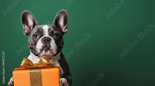 A French Bulldog holds gold gift box against green background, exuding playful and festive spirit. This charming scene captures joy of giving and celebration