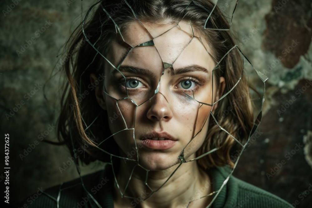 Portrait with shattered glass effect overlay in dramatic lighting against dark background Portrait with shattered glass effect overlay in dramatic lighting against dark background